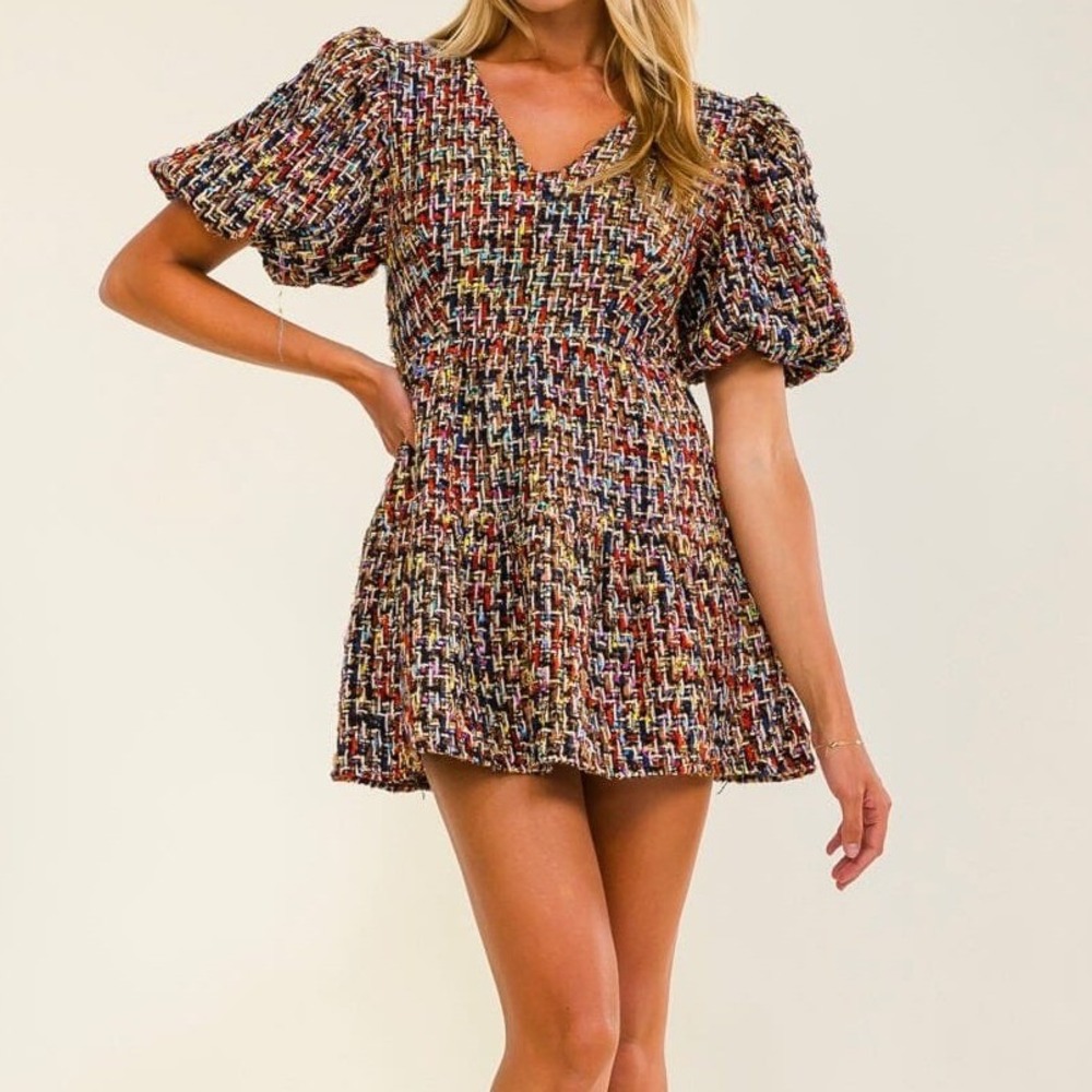 NWOT Avara Cindy Multi Tweed Short Dress Multicolor Mini Metallic Puff Sleeve M